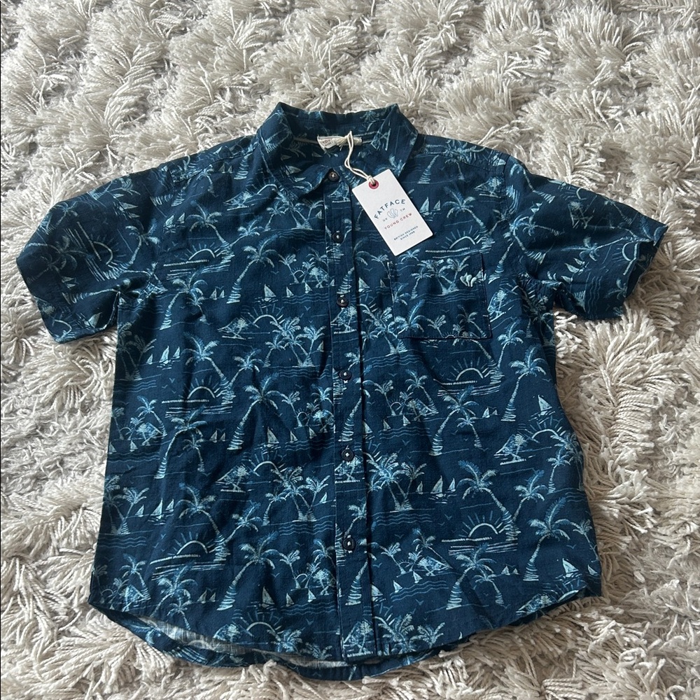 Fat Face Blue Palm Print Kids Button Down Shirt